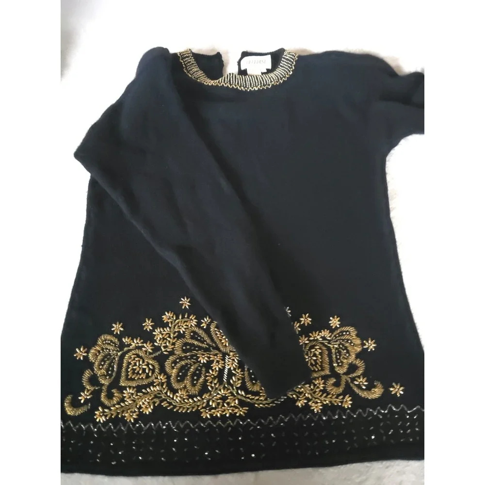 Vintage‎ Belldini Women's Sweater Large Black Beaded Angora Lambswool Floral